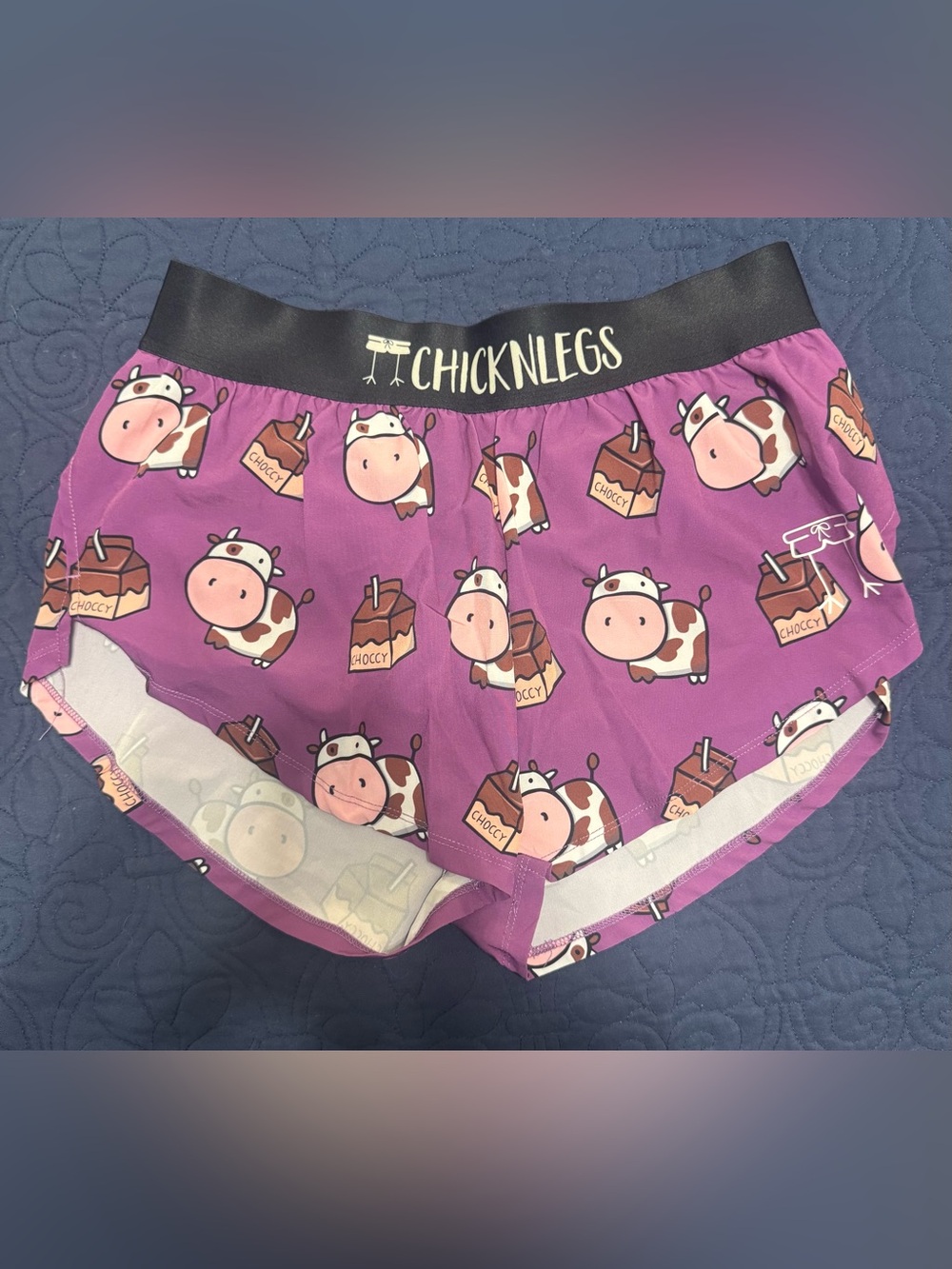 Chicknlegs Women's Purple Athletic Shorts with Cow & Chocolate Print
